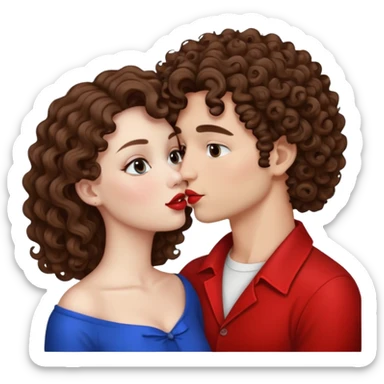 A couple kissing, the man would be white-skinned, curly, brown-hair. The serious woman with white skin, brown color sticker