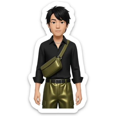 Mike Shinoda with black hair, black shirt, olive metallic baggy pants, silver necklace sticker