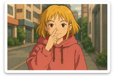 A girl yellow hair brown eyes pink Urban Heavy Loose Fit Hood Sweat touch your nose  sticker