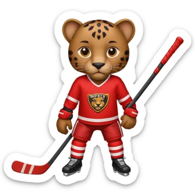 Brown Panther in red hockey jersey with hockey stick  sticker