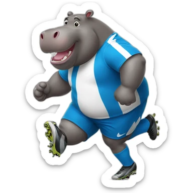 fat soccer player hippo running and kicking sticker