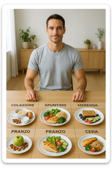 Uomo sereno con fisico sano e asciutto seduto davanti a un grande tavolo diviso in 5 sezioni, ognuna con un pasto bilanciato: colazione, spuntino, pranzo, merenda, cena. Ogni piatto ha porzioni equilibrate di proteine, carboidrati e grassi salutari. Ambiente ordinato, stile di vita sano, luce naturale, atmosfera di consapevolezza nutrizionale. in italiano sticker
