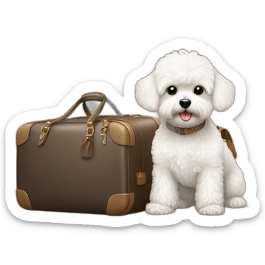 a white maltipoo with a luggage next to him sticker
