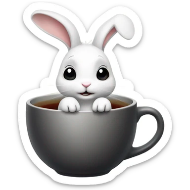 a cute white rabbit sitting and holding a ceramic cup with black tea in its paws, from which steam comes out sticker