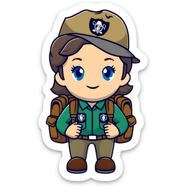 white woman park ranger with gray and brown hair, blue eyes, wearing a backpack sticker