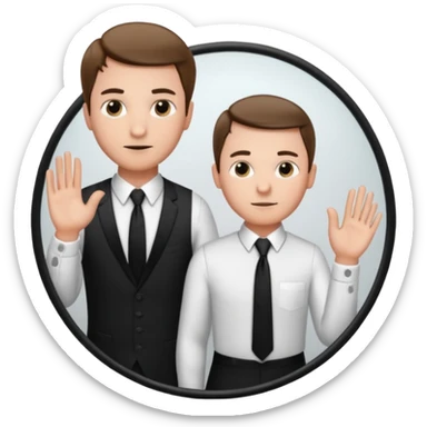 A man looking into a mirror holding his hand. He should be facing the mirror. He should be wearing a white dress shirt and a black tie. sticker