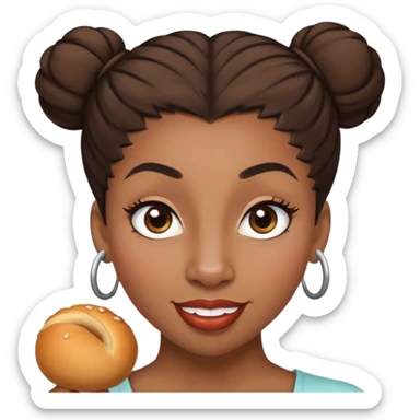 Une femme à la peau noire avec un chignon haut et les cheveux sont bruns avec un œil marron et un œil marron très très claire et une grosse bouche et des gros sourcils et un gros nez  sticker