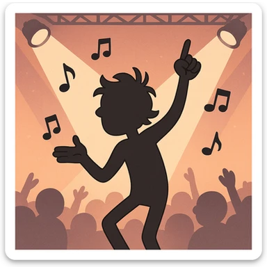 a silhouette dancing at a concert with spotlights and music notes, modern cartoon style sticker