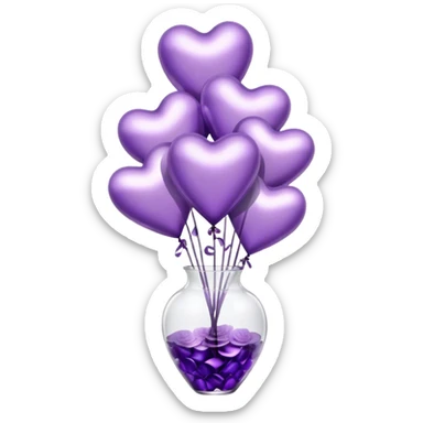"A cluster of metallic heart-shaped balloons in varying shades of purple, floating beside a sleek glass vase filled with matching roses."
 sticker