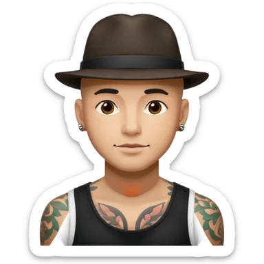tattooed man with a hat sticker