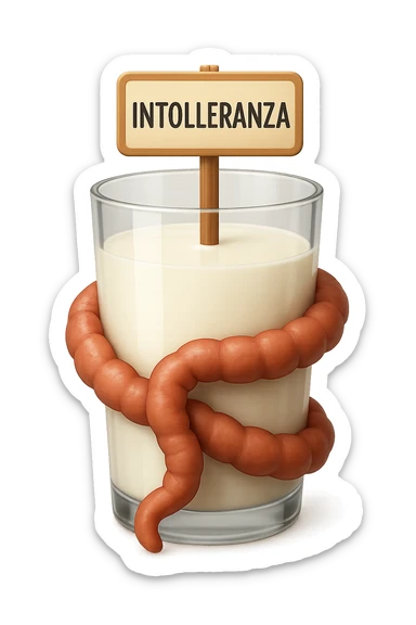 emoji stile iphone di un BICCHIERE DI LATTE CON COLON ATTORCIGLIATO INTORNO, HA UN CARTELLO CON LA SCRITTA "INTOLLERANZA" iperrealistico 4k, isolato su sfondo bianco sticker