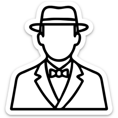 man in a vintage black and white suit, no facial hair, outlined icon sticker