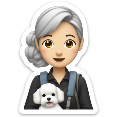 Hair-in-a-bun traveling Asian woman carrying a happy and cute Korean-style bichon frise sticker