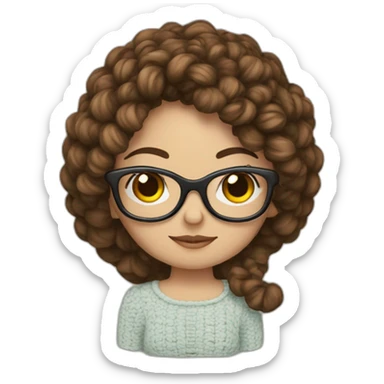 Girl with brown hair, and glasses, making crochet sticker