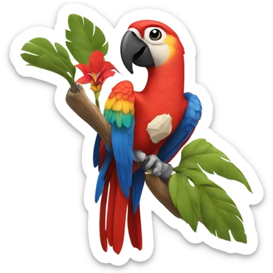 Scarlet macaw on a branch with a tooth pick and a cowboy hat sticker