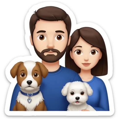 scottish man with stubble, brunette woman and one white fluffy dog sticker