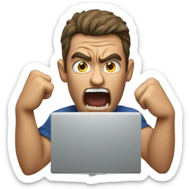 man raging in front of computer sticker