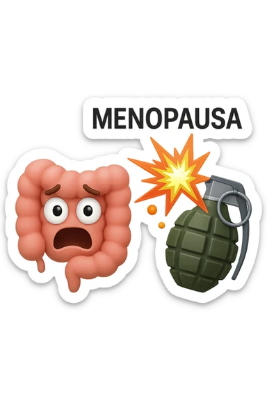 EMOJI STILE IPHONE 3D DI INTESTINO 3D CON ESPRESSIONE SPAVENTATA IN VOLTO MENTRE ACCANTO A LUI SCOPPIA UNA GRANATA 3D CON LA SCRITTA "MENOPAUSA" SOPRA, FAGLI ANCHE LA PARTE BIANCA DEGLI OCCHI, NON SOLO LA PUPILLA sticker
