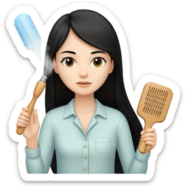 A white woman with long, straight black hair, wearing an ivory-colored shirt, holding a small square wooden paddle hairbrush in her left hand and spraying a hair mist bottle with her right hand toward her hair. sticker