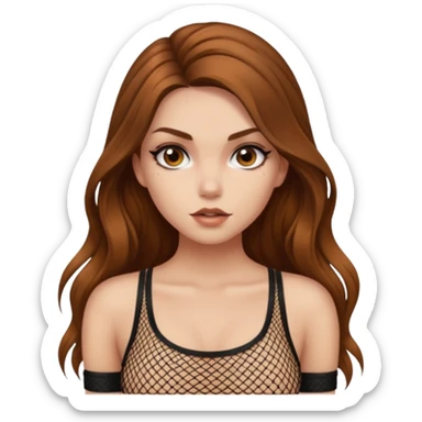 a pretty bratz fair girl with brown long hair styled well, looking like a baddie in a fishnet top sticker