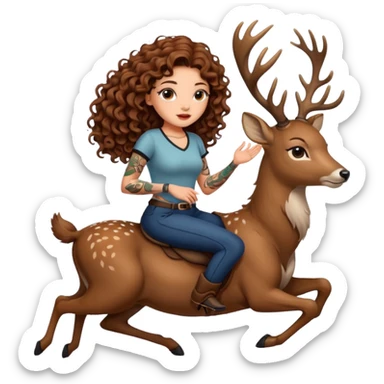 cute woman long curly brown hair tattoos riding calm deer sticker