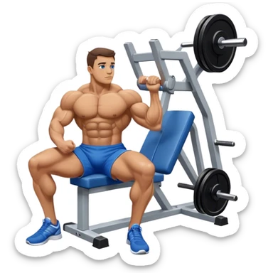 side-view bodybuilder in blue shorts seated weighted calf-raise machine on his tip toes sticker
