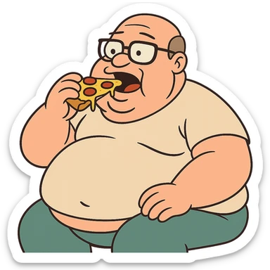 flat toon style of a very fat bald man with glasses eating pizza sticker