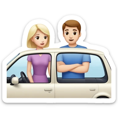 woman standing outside car talking to man inside car with window down sticker