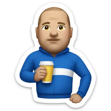 fat man in blue sweatsuit with white stripe sipping cup sticker
