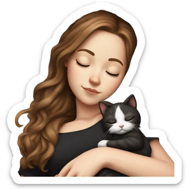 White girl brown hair sleeping with black and white kitty sticker