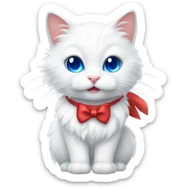 white fluffy cat with grey ears and blue eyes and a red bow sticker
