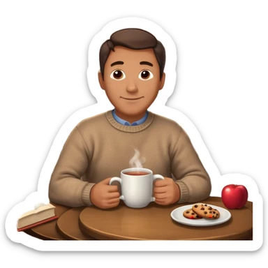 Cozy handsome 45 year old man sitting next to a nice fireplace with a hot apple cider, book, and plate of chocolate cookies. sticker