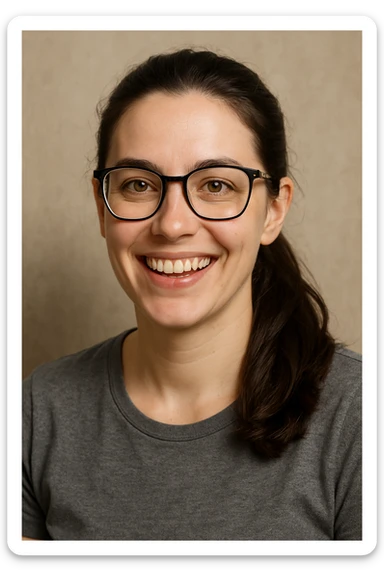 upper body portrait of a woman with long pulled back dark brown hair, hazel eyes, and glasses, cheerful sticker
