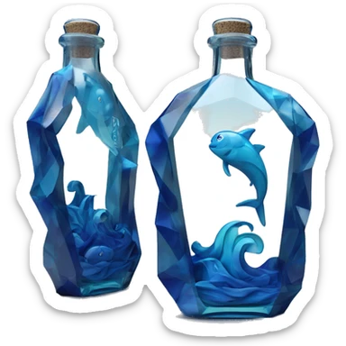 symbolic ocean in a bottle sculpture symbolizing Pisces with a geometric, faceted design. The bottle is standing upright with angular and baroque features. The vibrant deep blue waves colors highlights the sharp edges and planes.  sticker