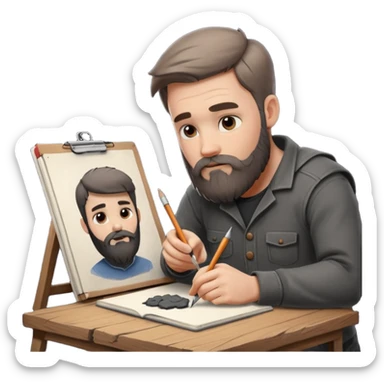Bearded man  drawing boy character with charcoal in sketchbook sticker