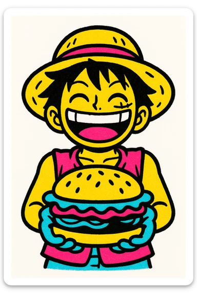 Luffy holding a burger with a big smile, pop culture, colorful sticker