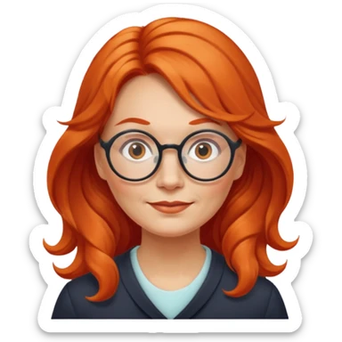 Norwegian woman, middle-aged, long wavy orange-red hair tied to the left, big round glasses sticker
