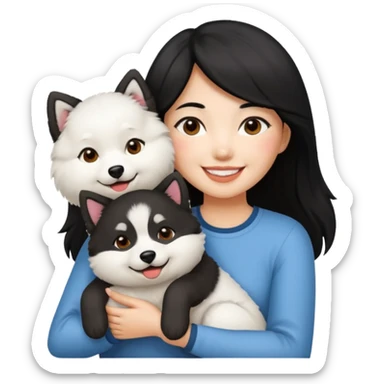 A black hair asian girl with a bright skintone holding a samoyed dog sticker