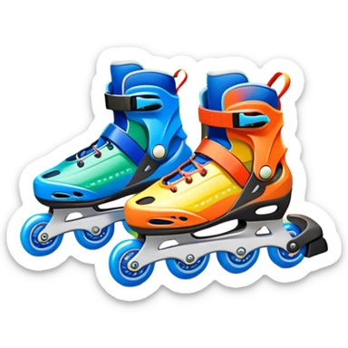 An icon featuring a pair of colorful inline rollerblades resting on a park path. The background showcases winding park pathways, lush green trees, and vibrant flowers along the way. The scene radiates a sense of freedom and outdoor activity under a clear blue sky. Transparent background sticker
