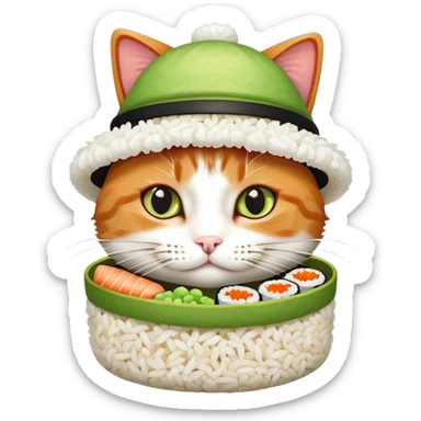 cat wearing a sushi hat with rice base, multiple fish pieces on top, wasabi accent, and soy sauce dripping, sushi hat with sauce sticker