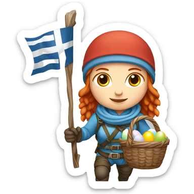 Female winter mountaineer red hair white skin climbing with Greek Flag and Easter eggs basket sticker