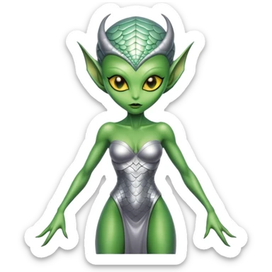 Green Alien woman in silver dress, full figure with scales skin, yellow eyes sticker