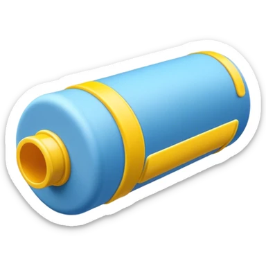Blue foam tube with yellow caps on top and bottom, front view sticker