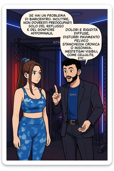 TRASFORMA QUESTO CAROSELLO IN UN FUMETTO STILE WEBTOON/MANGA A COLORI CON QUESTE DUE PERSONE IDENTICHE CHE INTERLOQUISCONO TRA LORO, L'uomo sta spiegando alla donna questo concetto:

Se hai un problema di baricentro, inoltre, non dovresti preoccuparti solo del reflusso e del gonfiore addominale, ma anche di un aumentato rischio di:
    • dolori e rigidità diffuse
    • disturbi pavimento pelvico
    • stanchezza cronica o insonnia
    • inestetismi visibili, come celluluite
    • etc… sticker