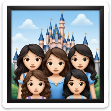 Quiero que crees una imagen donde este el castillo de Disney y por detrás o delante pon a quatro chicas: una con el pelo largo rizado marrón , otra con el pelo corto negro, otra con el pelo mediano liso marrón y otra con el pelo negro largo liso sticker