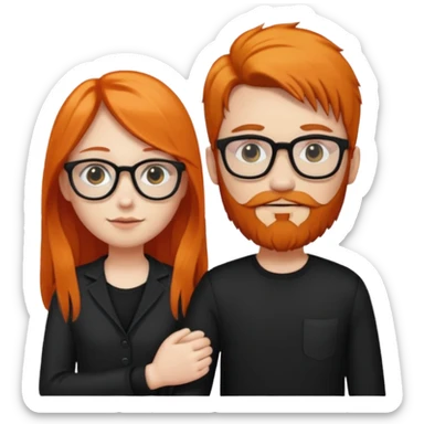 girl with long orange hair wearing no glasses and all black clothes and holding hands with boy with dark hair and beard and glasses and pale skin sticker