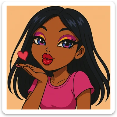 Change the pose to blowing a kiss, headshot only, keep her as a 20-year-old anime Bratz style woman with dark skin, dark hair, bold colorful fashion-forward look, big expressive eyes, glossy lips, and a happy expression. No tears. sticker