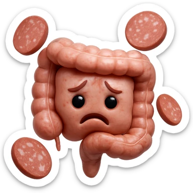 emoji stile iphone in 3d di un intestino triste
 con fette di carne che gli fluttuano intorno, iperrealistico 4k sticker