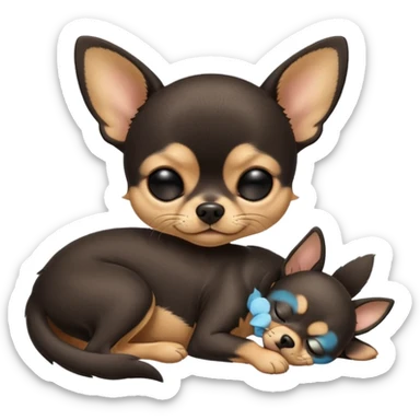 A high-resolution photo-realistic digital illustration of a cute black and tan chihuahua with eyes closed shut sleeping lazily on the ground sticker