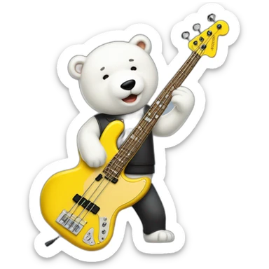 Bass player brunete male white bear playing a yellow fender jazzbass sticker